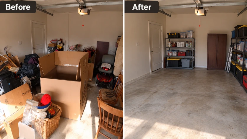 Before and after photo of a garage cleanout in Hemet, CA — cluttered garage transformed into an organized, empty space