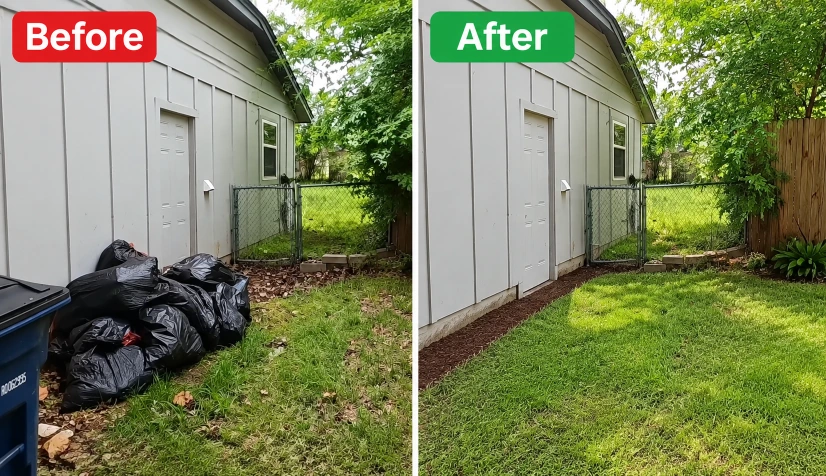 Before and after photo of a side yard cleanup in Hemet, CA — overgrown lawn cleared and mowed