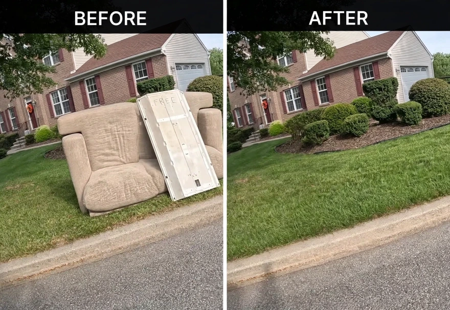 Before and after photo of a furniture and bulk item pickup in Hemet, CA
