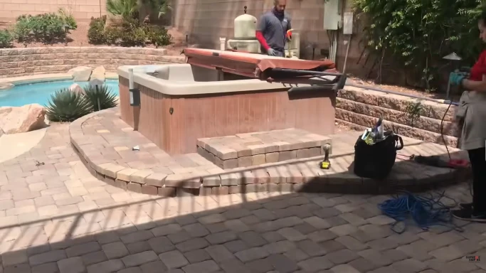 Hot tub removal in progress at a backyard in Hemet, CA